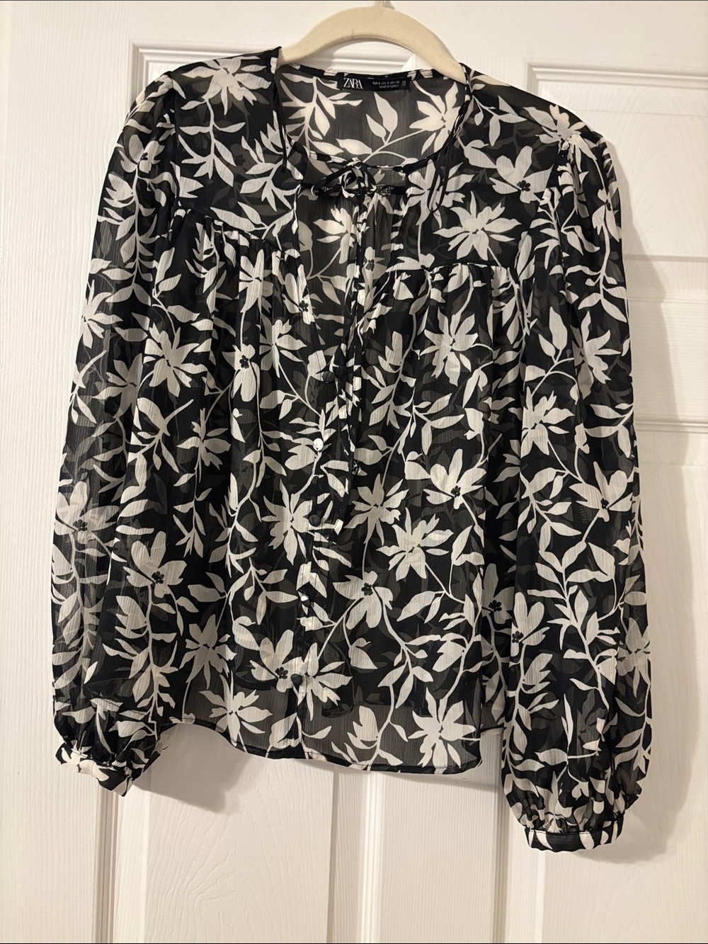 ZARA Black & White Floral Tie-Neck Sheer Blouse